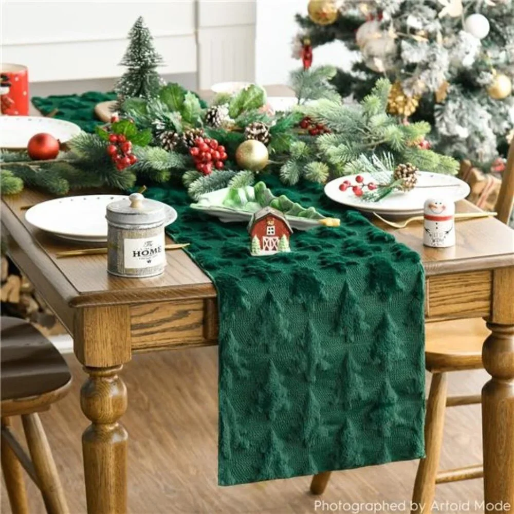 Christmas Trees Green Soft Plush Faux Fur Jacquard Christmas Table - Picture 3 of 8